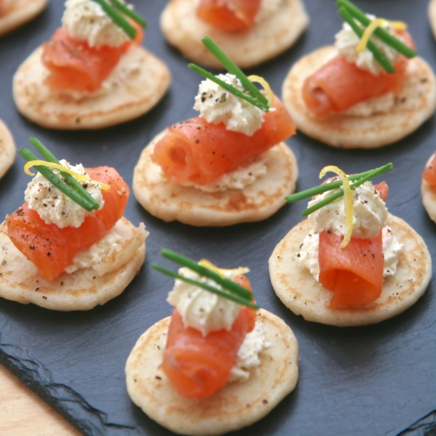 Blinis with creme Fraiche and Smoked Salmon and lemon zest