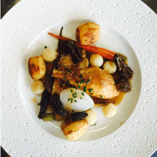 Chicken casserole cooked with white wine and Potatoes cocotte